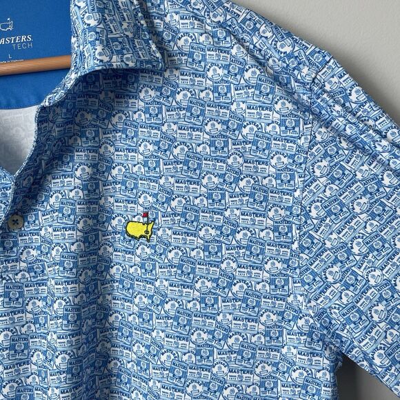 Masters Golf Badge Logo Print Tech Polo Shirt Blue Augusta National Men's Large - Picture 8 of 9
